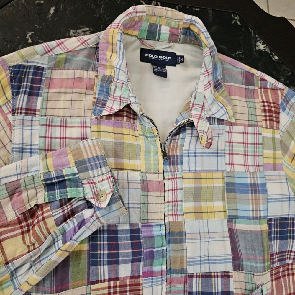 Vintage Polo Golf Ralph Lauren Patchwork Madras Jacket Mens M Harrington 90s